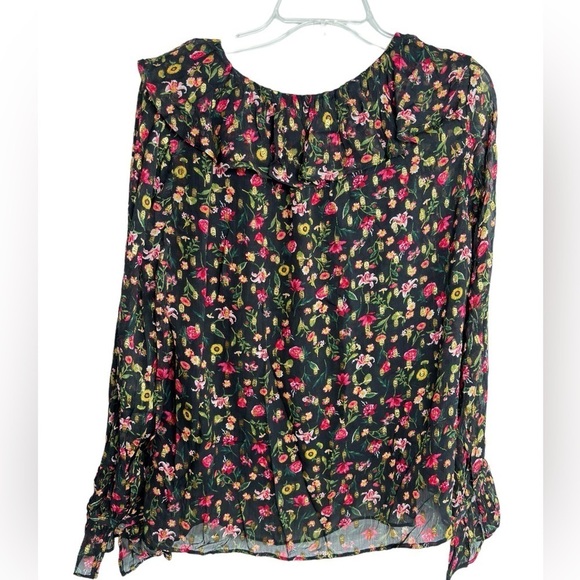 J CREW Ruffleneck Peasant Top Black Flora Gold Metallic Blouse Womens Large NWOT - Picture 2 of 15
